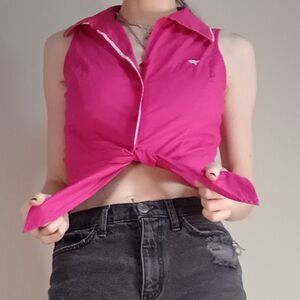 Hot Pink Collared Tie Front Button Down Crop Top